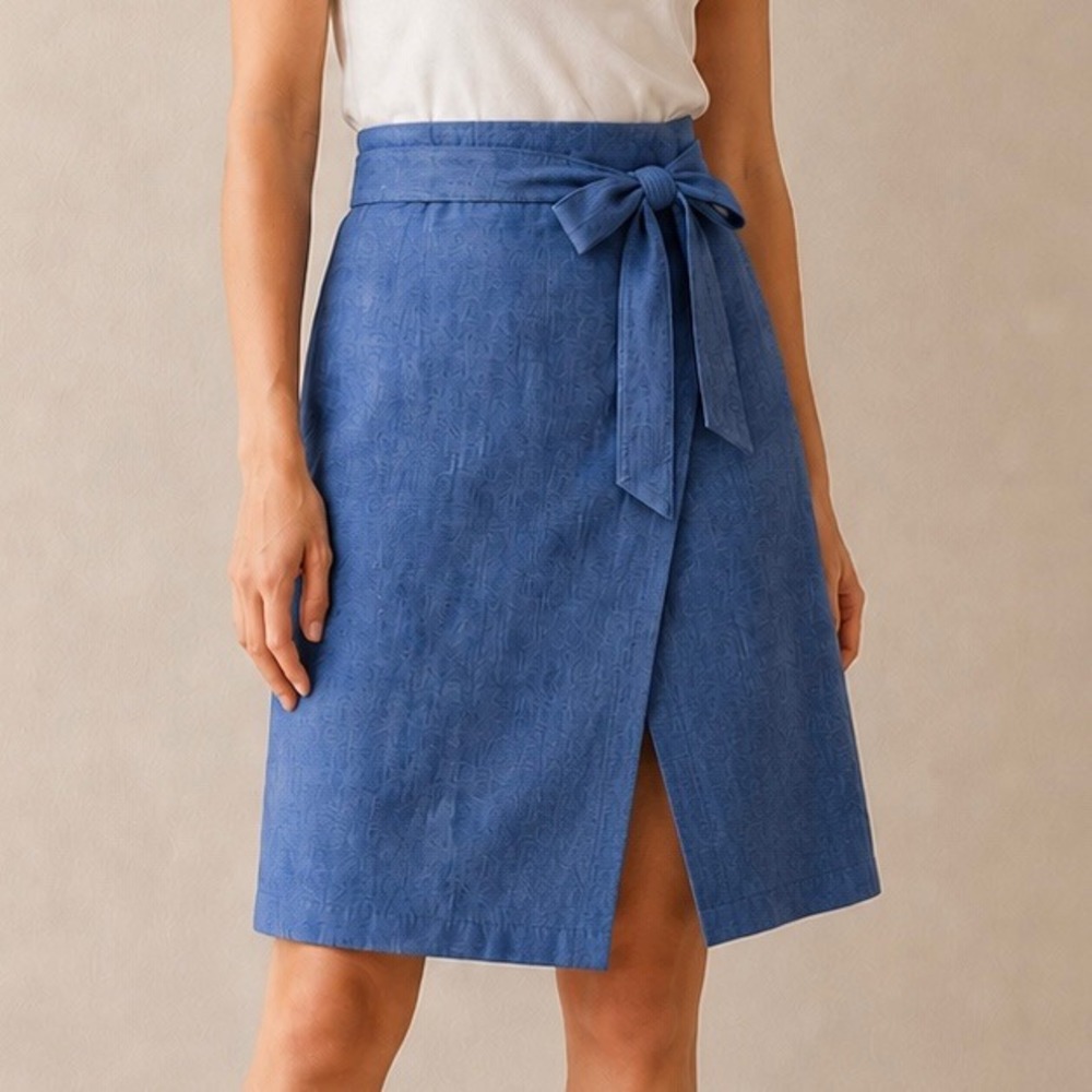 Banana Republic Blue Faux Wrap Skirt Petite 4P Tie Waist Linen Blend Knee Length